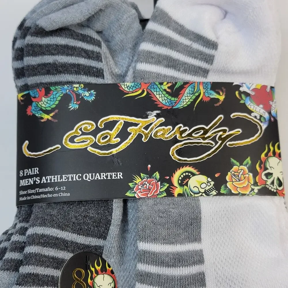 Ed Hardy 8 Pair Mens Shocks Multicolor Spell Out Arch Support Moisture Wicking